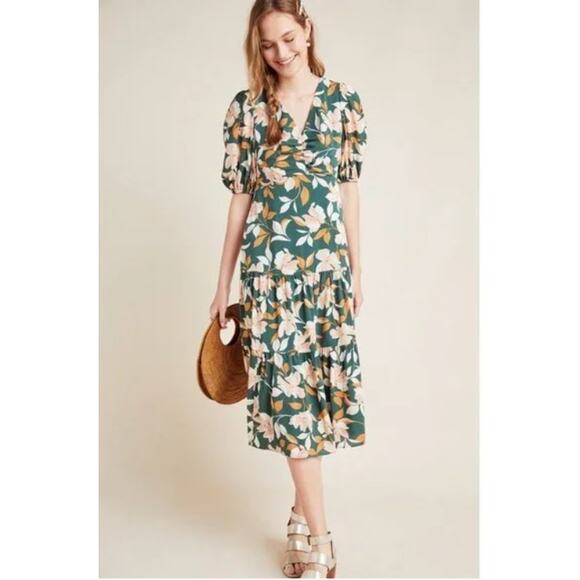 Gal Meets Glam Womens Tiered Midi Dress Tegan Floral Ruched Puff Sleeve Green 4P - Picture 1 of 16